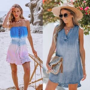NWT Cupshe LOT of 2 Beach Dress Cover Up - Ombre Strapless & Denim Bundle Size S